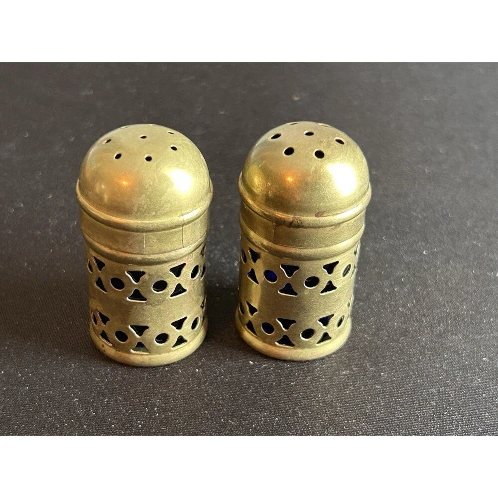 Vintage Finland Brass Cobalt Blue Glass Salt Pepper Shakers Pierced Holder Set
